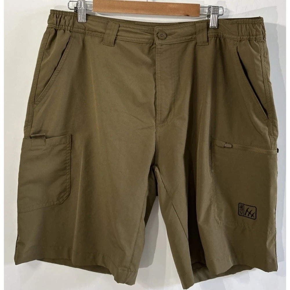 Fintech Mens XL Spell Out Performance Stretch Fishing Outdoor Cargo Shorts Green